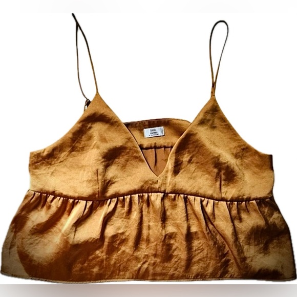Little Moon Tops - Little Moon Satin Gold Spaghetti Strap Camisole Crop Top – Size XS